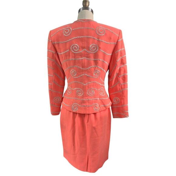 Vtg 80s Mob Wife Magali Collection Orange Wool Skirt Suit Gold Rope Design Sz 8 - Picture 4 of 9